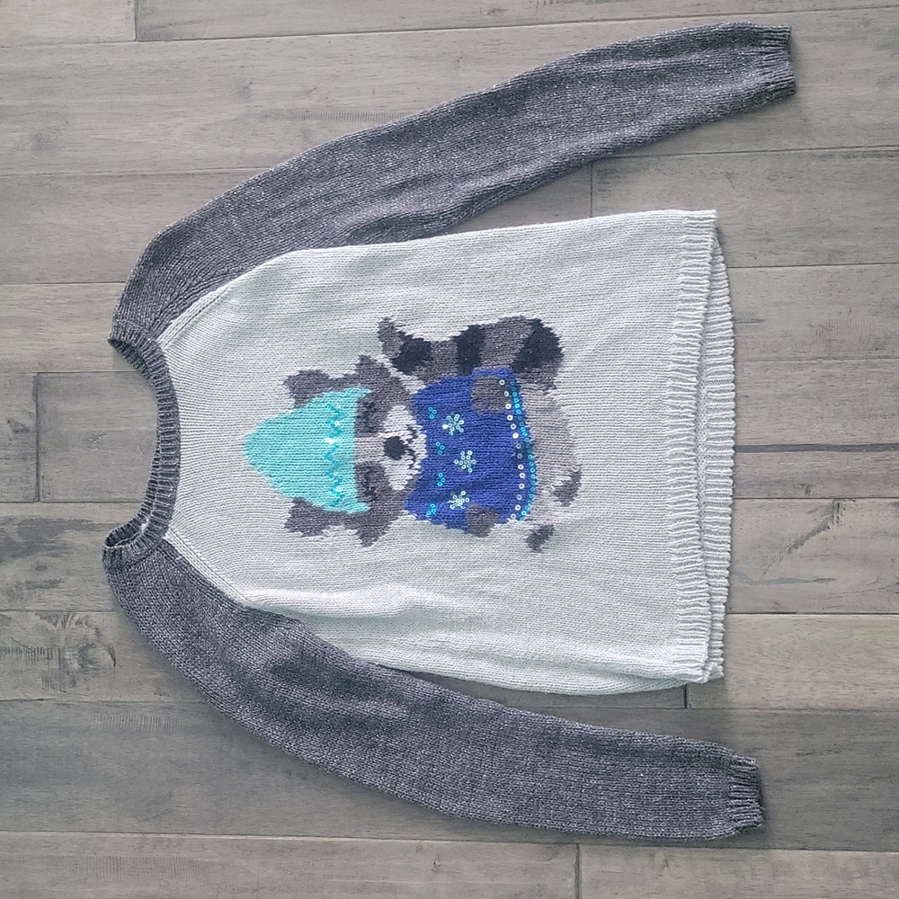 Justice Glitter Sequin Sweater - Winter Holiday Racoon - Girls Size 14